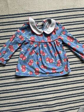 Floral Peter Pan Collar Top - Blue with Red Roses